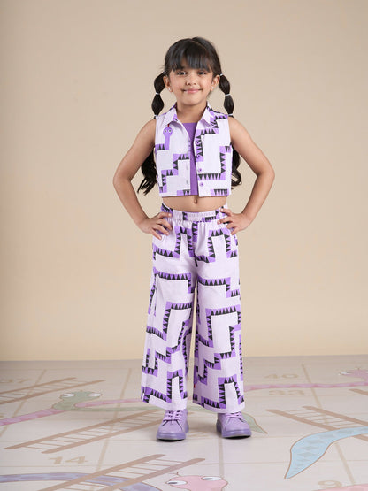 Snakes and Ladders Girls Purple Table Print Top and Pant Set from Siblings Collection