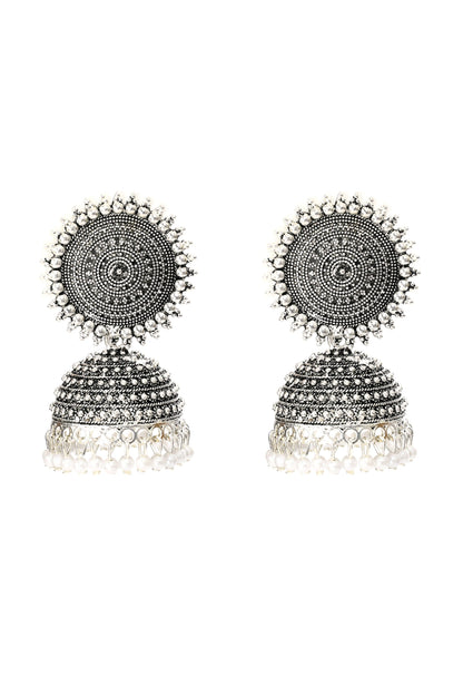 Mominos Fashion Johar Kamal Silver Color Jhumkas With White Pearls Earrings