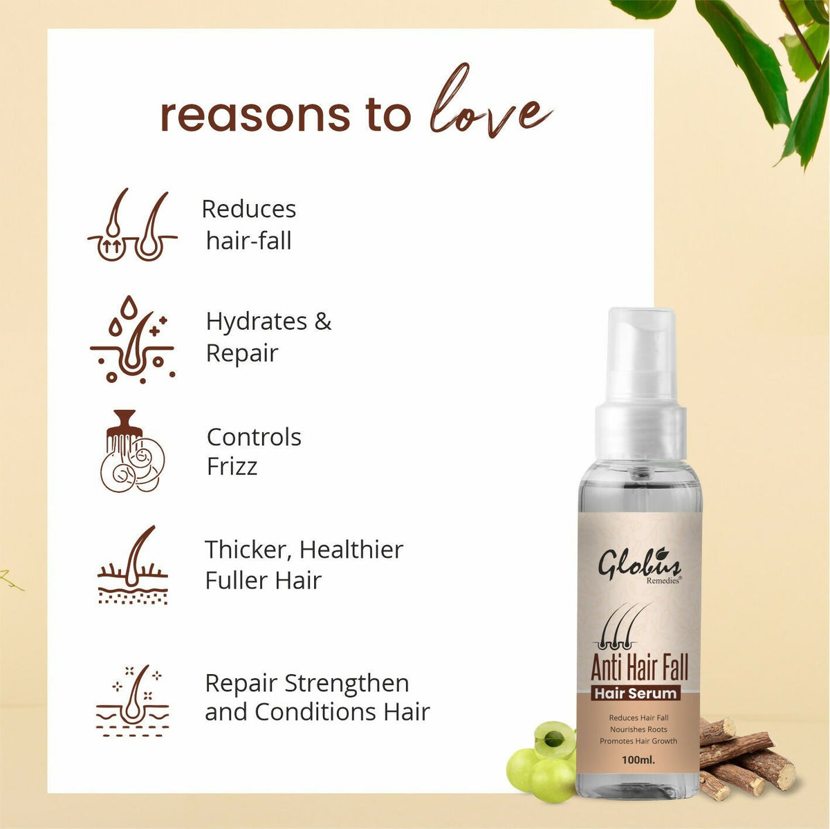 Globus Remedies Anti-Hair Fall Hair Serum, For Frizzy Hair, Smoothens Rough Ends, Adds Instant Shine