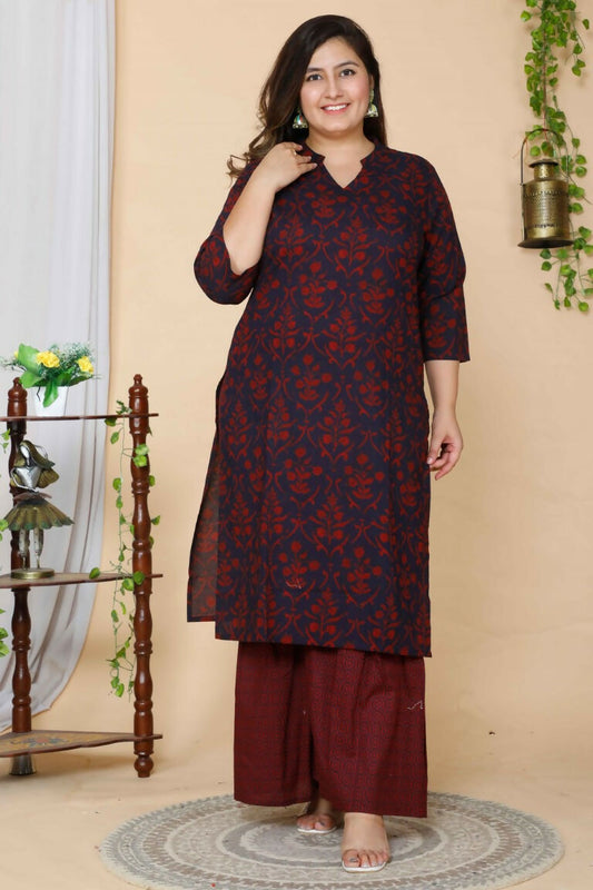 Miravan Women's Plus Size Maroon Floral Pure Cotton Kurta With Sharara
