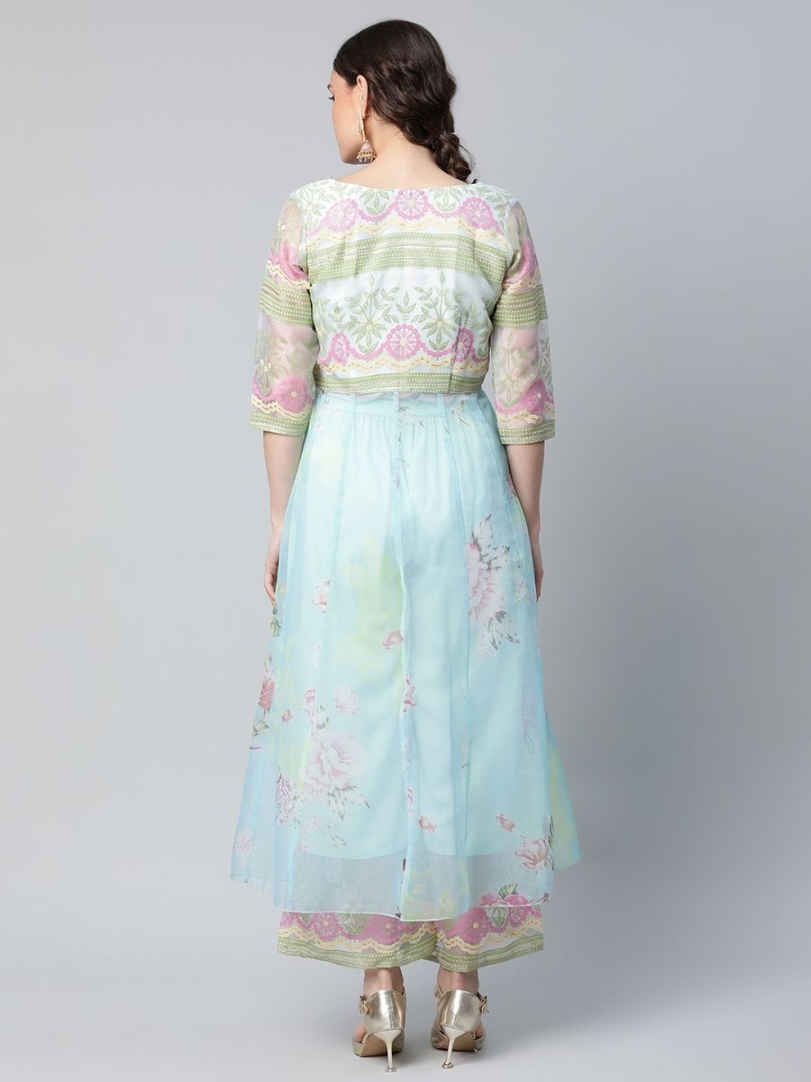 Ahalyaa Women Sea Green Organza Romantic Florals Kurta Palazzo Set