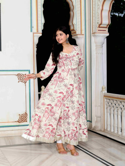 Miravan Women's Light Pink Cotton Gotapatti Birds And Leaf Floral Printed Anarkali Kurta