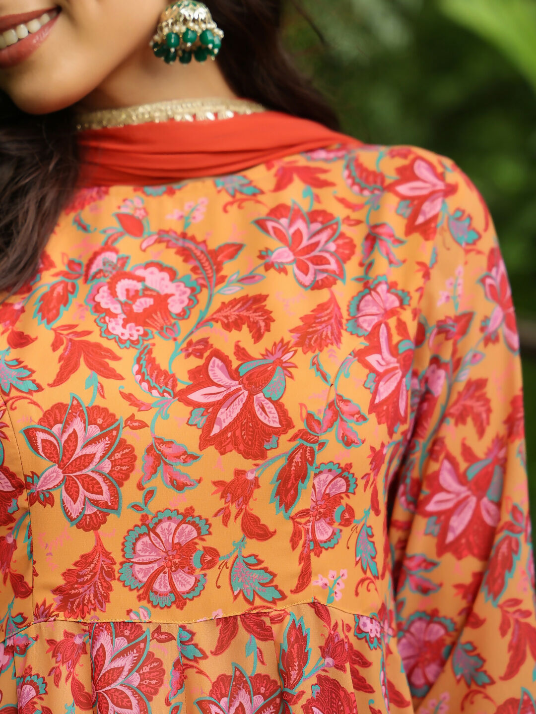 Janasya Mustard Georgette Floral Kurta,Bottom & Dupatta