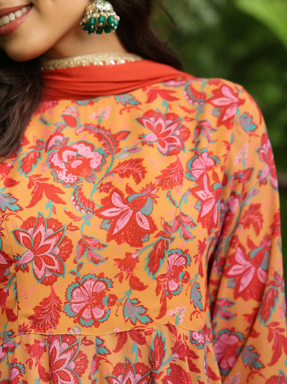 Janasya Mustard Georgette Floral Kurta,Bottom & Dupatta