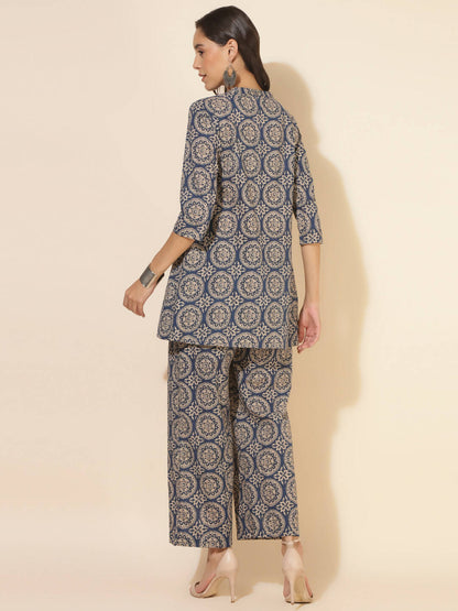 Janasya Women's Blue Cotton Ethnic Motifs Casual Regular Co-ords
