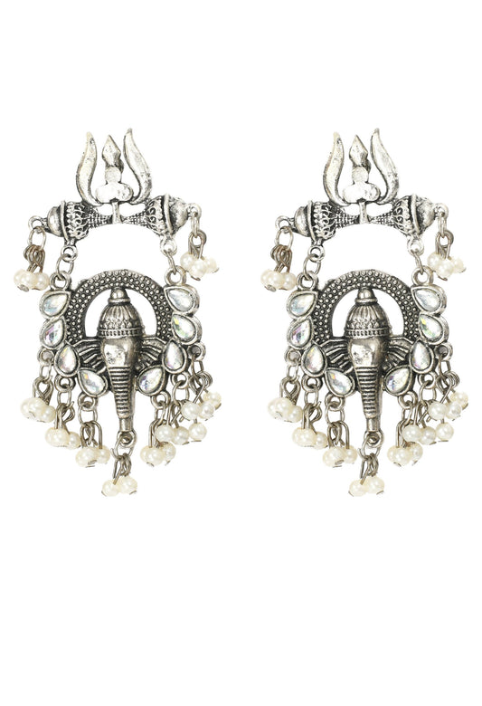 Mominos Fashion Johar Kamal Ganesh Design Silver Color Earrings