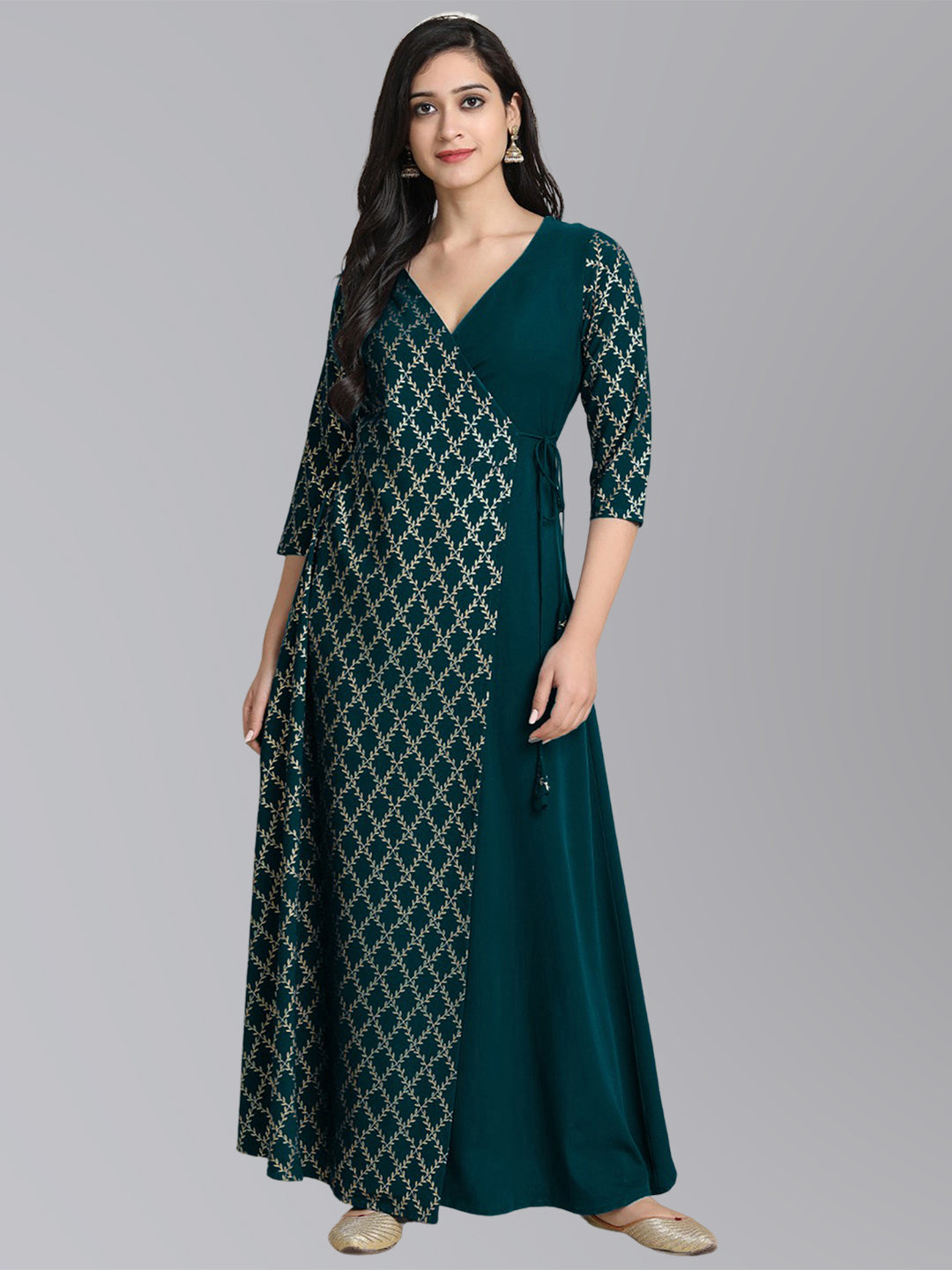 Janasya Women's Peacock Green Crepe Foil Print Festive Angarkha Kurta