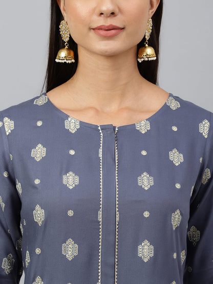 Janasya Women's Grey Rayon Ethnic motifs Festive Straight Kurta