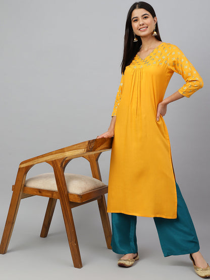 Janasya Women's Orange Rayon Gold Floral Print Festive Straight Kurta