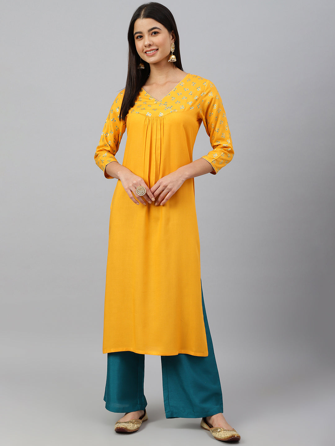 Janasya Women's Orange Rayon Gold Floral Print Festive Straight Kurta