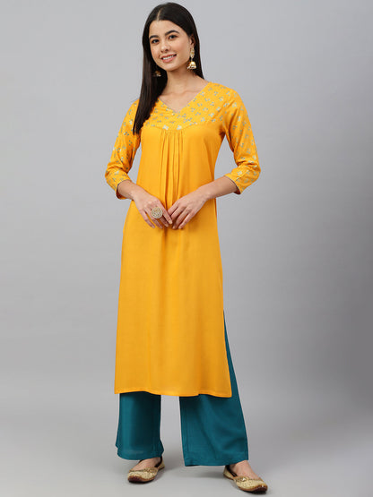Janasya Women's Orange Rayon Gold Floral Print Festive Straight Kurta