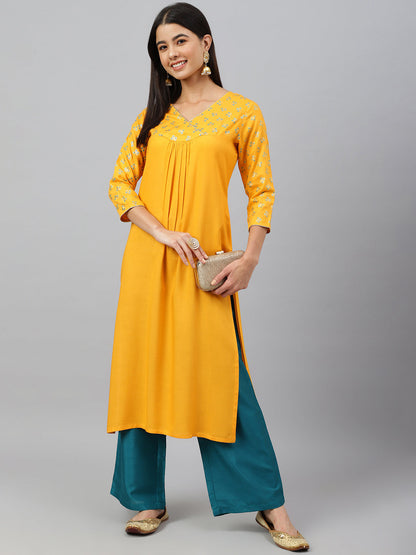 Janasya Women's Orange Rayon Gold Floral Print Festive Straight Kurta