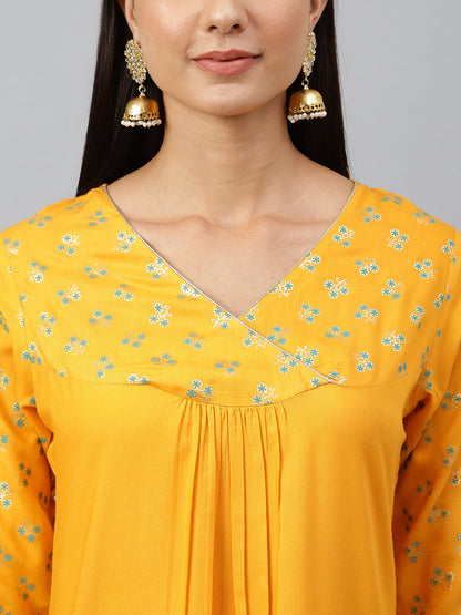 Janasya Women's Orange Rayon Gold Floral Print Festive Straight Kurta
