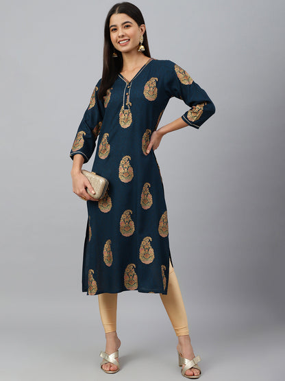 Janasya Women's Teal Blue Rayon Paisley Foil Print Casual Straight Kurta