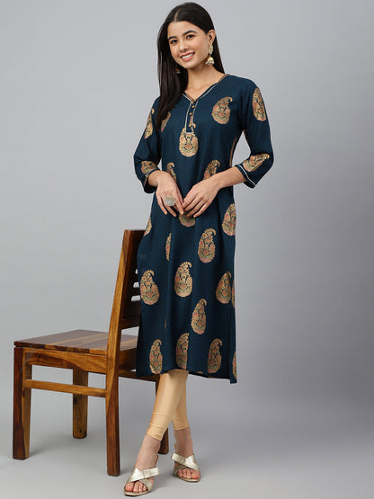 Janasya Women's Teal Blue Rayon Paisley Foil Print Casual Straight Kurta