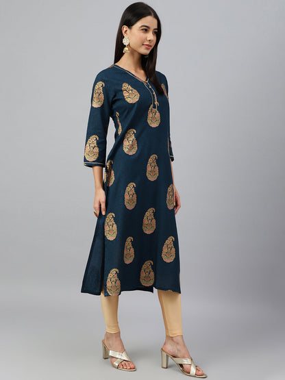 Janasya Women's Teal Blue Rayon Paisley Foil Print Casual Straight Kurta