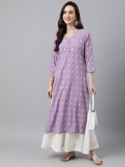 Indian Clothing Janasya Women's Lavender Crepe Foil Print Casual Straight Kurta