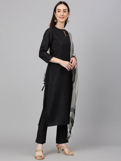 Janasya Women's Black Crepe Silk Solid Straight Festival Kurta Set