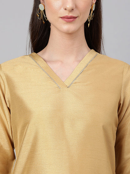 Janasya Women's Gold Crepe Silk Solid Straight Festival Kurta Set