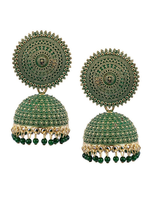 Mominos Fashion Joharkamal Gold-Polished Meenakari Jhumkas For Women & Girls (Green)