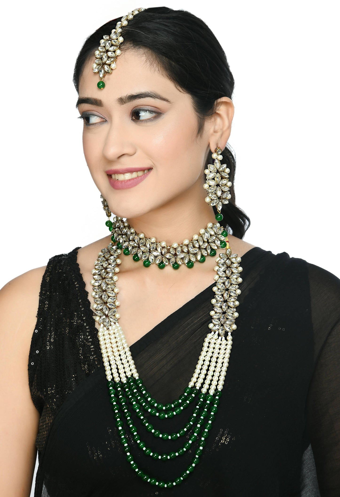 Mominos Fashion Johar Kamal Gold-Polished Rani Haar with Green and Off white Pearls Jewellery Set