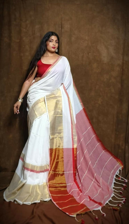 Exclusive Collection White Red Pure Cotton Handloom Gorgeous Saree