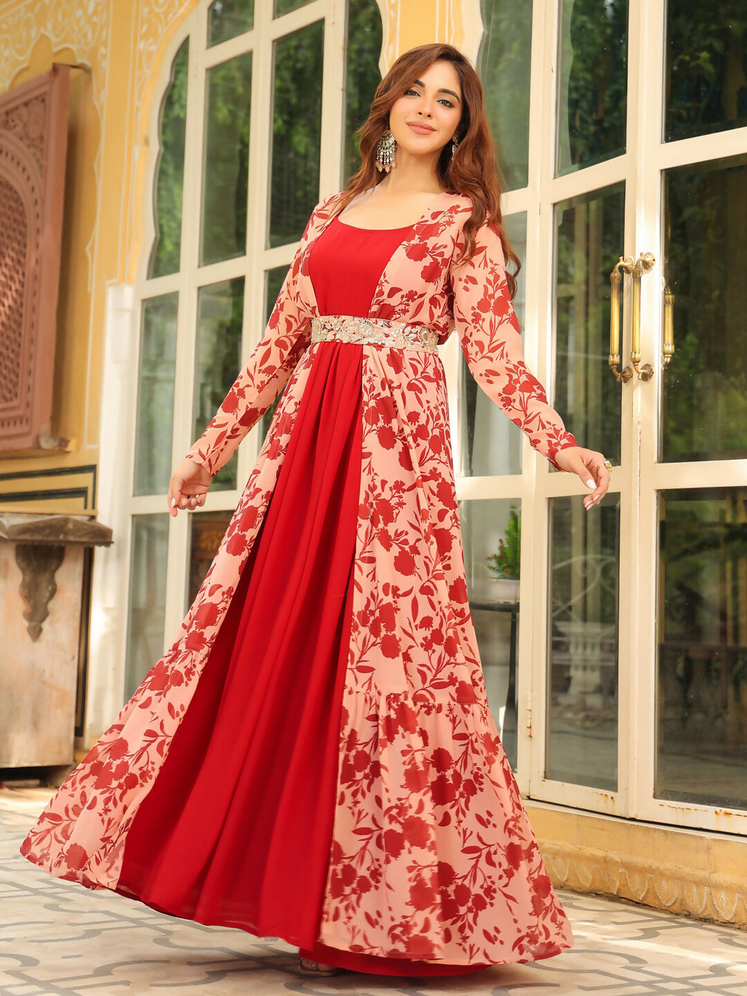 Janasya Maroon Georgette Solid Dress & Jacket
