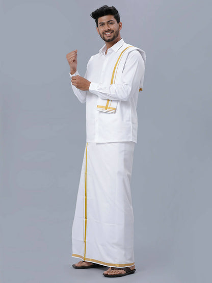 Ramraj Cotton Premium Wedding White Readymade Dhoti, Shirt & Towel Set Dhanvanthri