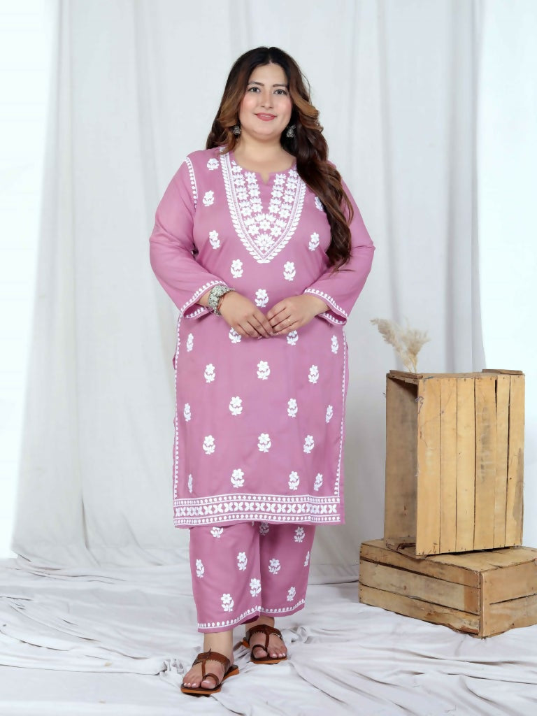 Miravan Women's Plus Size Chikankari Embroidery Pink Straight Kurta And Palazzo Set