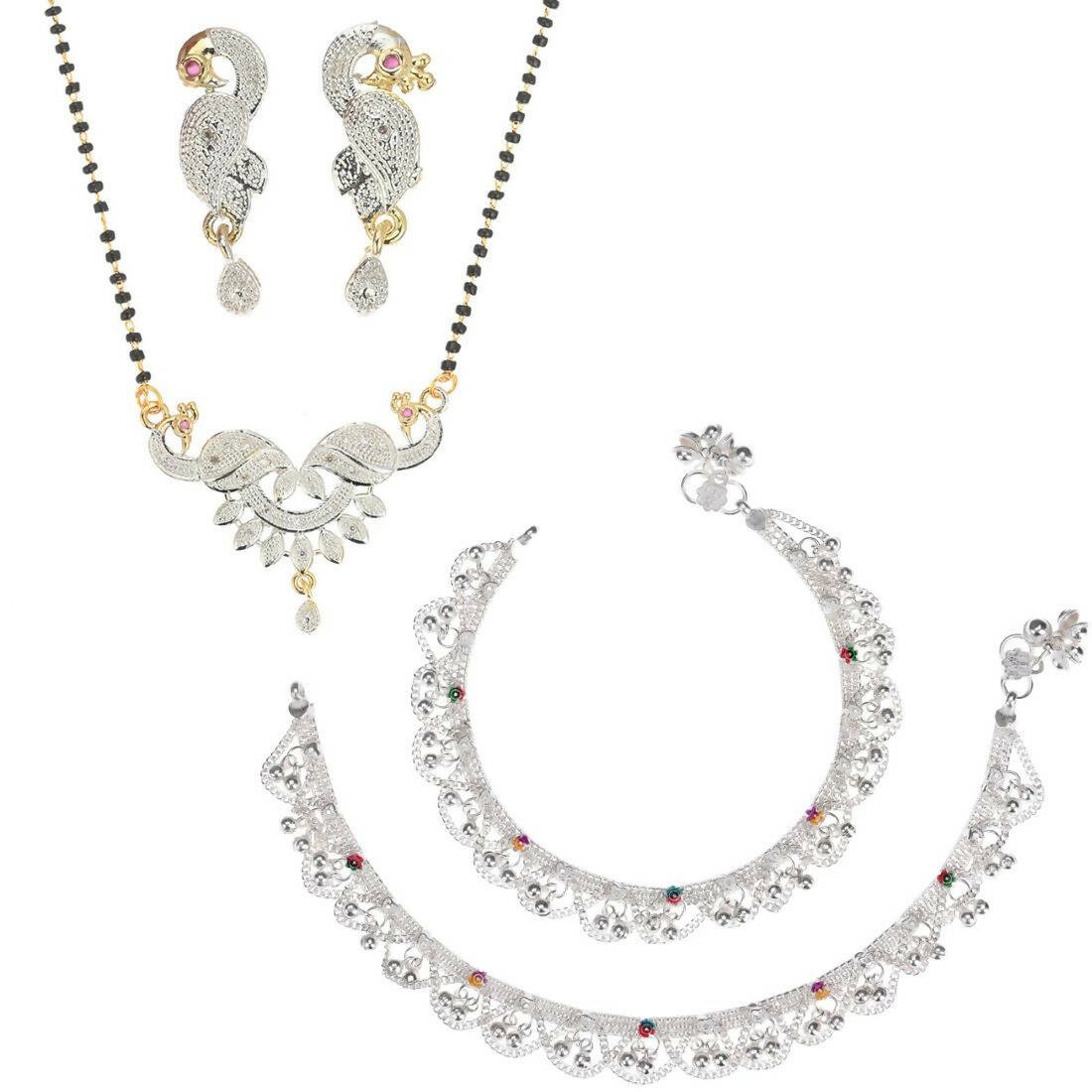 AanyaCentric Gold-Polished Mangalsutra Pendant Earring Set & Silver Plated Anklet
