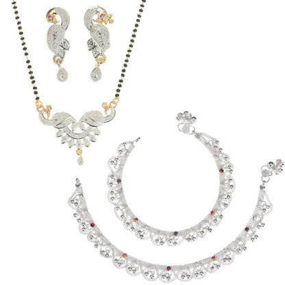 AanyaCentric Gold-Polished Mangalsutra Pendant Earring Set & Silver Plated Anklet