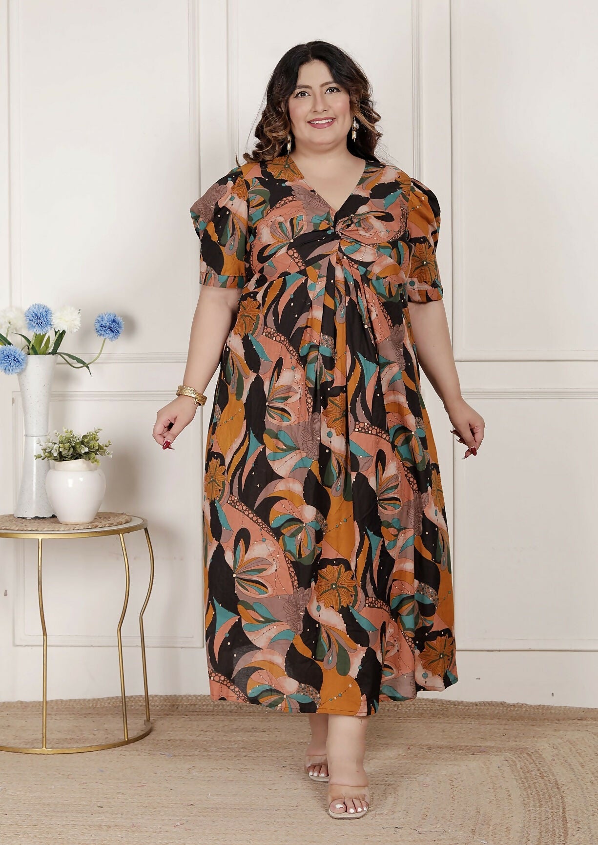 Miravan Womens Plus Size Pure Cotton Black Puff Sleeve Floral Printed Butterfly Maxi Dress