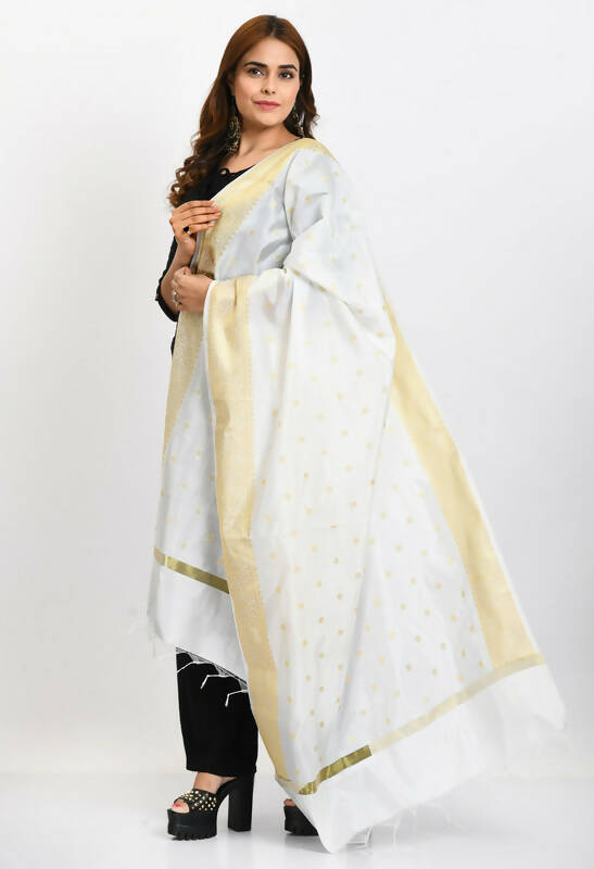 Mominos Fashion Moeza Women's Banarsi Silk Woven Design White Dupatta