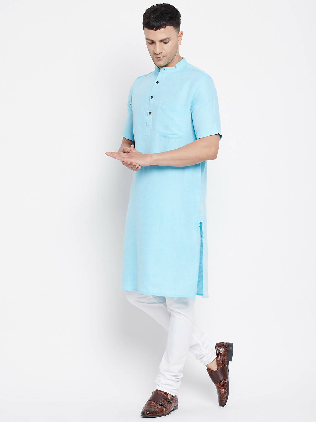 Even Apparels Blue Color Pure Cotton Men's H/S Kurta With Band Collar