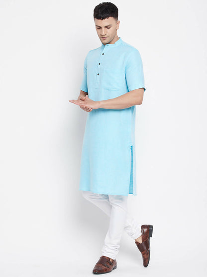 Even Apparels Blue Color Pure Cotton Men's H/S Kurta With Band Collar