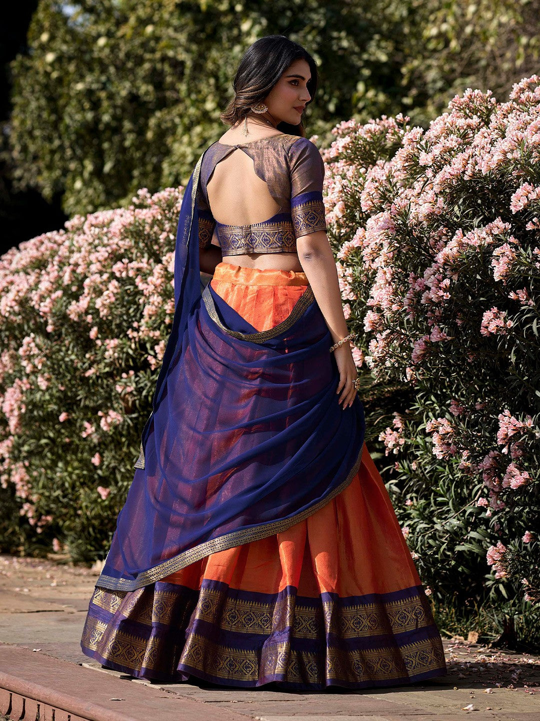 Lorenvalley Orange Kanchipuram Zari Weaving Work Lehenga Choli with Dupatta