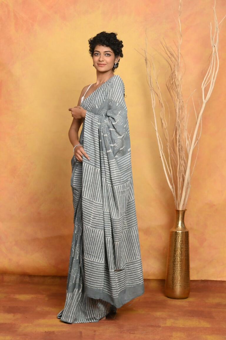 Very Much Indian Handblock Printed Cotton Saree With Natural Dyes - Grey
