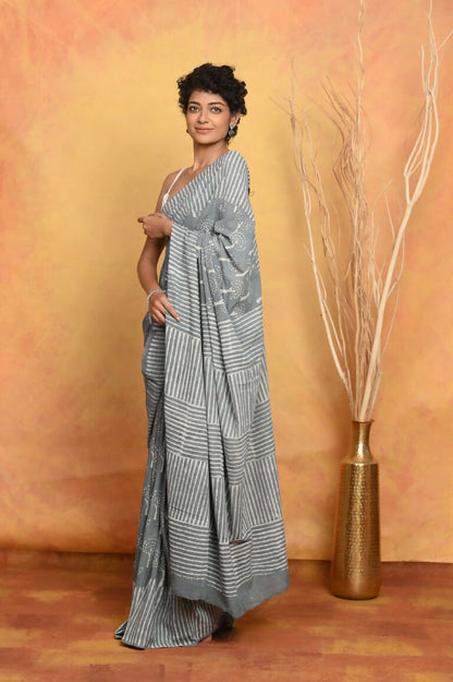 Very Much Indian Handblock Printed Cotton Saree With Natural Dyes - Grey