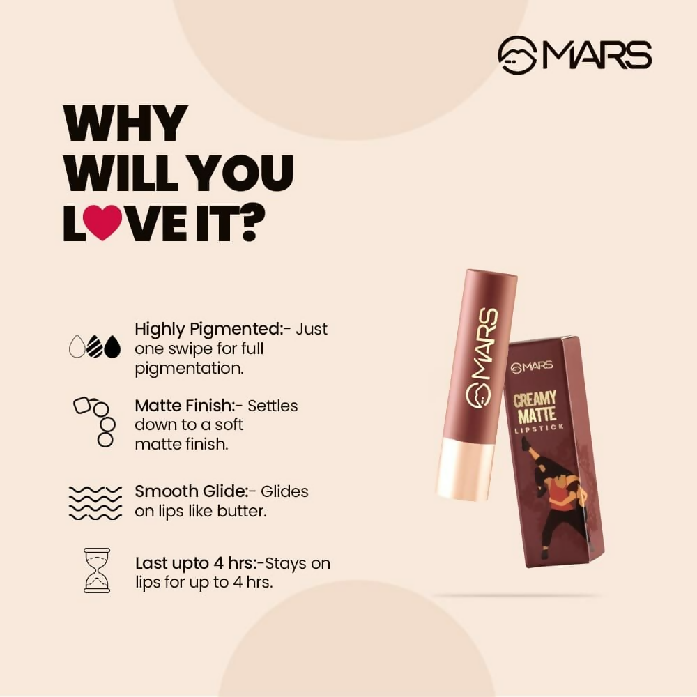 MARS Cosmetics Creamy Matte Long Lasting Lipstick For Women (12-Khoobsurat Kuchipudi)