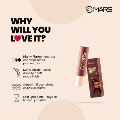 MARS Cosmetics Creamy Matte Long Lasting Lipstick For Women (12-Khoobsurat Kuchipudi)