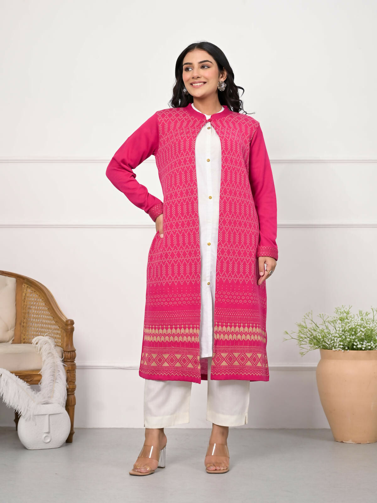 Juniper Women's Pink Ethnic Motif Printed Cotton Long Winter Wear Jacket