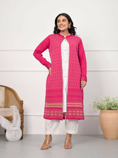 Juniper Women's Pink Ethnic Motif Printed Cotton Long Winter Wear Jacket