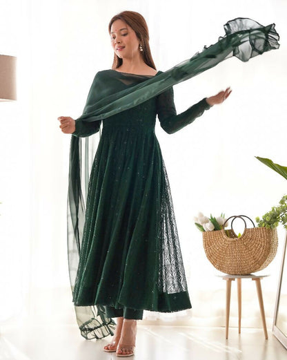 Joban Fashion Green Kurta Set Georgette Sequence Embroidery Work