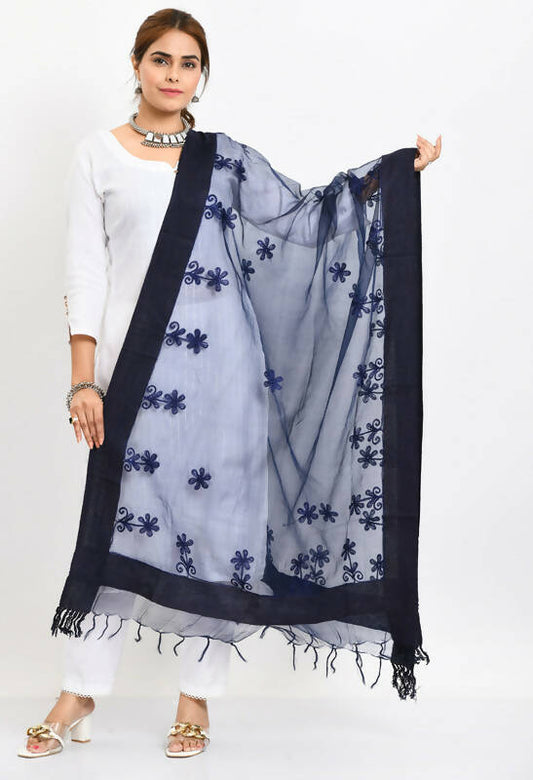 Mominos Fashion Moeza Women's Orgenza All Over Chikan Work Navy Blue Dupatta