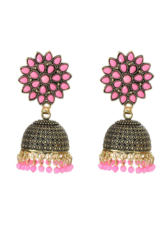 Mominos Fashion Johar Kamal Beautiful Kundan Work Jhumka With Baby Pink Beads
