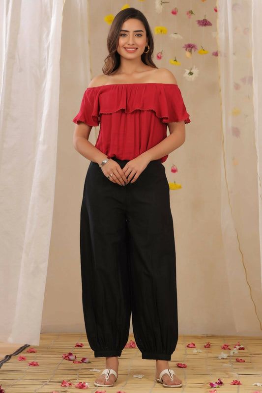 Juniper Women Black Cotton Flex Solid Stylized Dhoti Pant