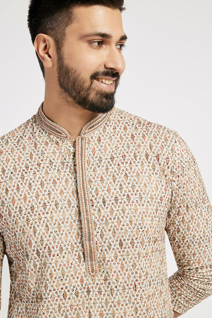 Ethnic India Beige Men's Kurta Embellished Viscose Rayon