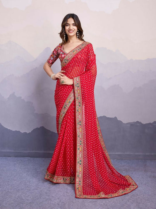 Red Georgette Bandhani Printed,Embroidery Work Saree - Surkhi