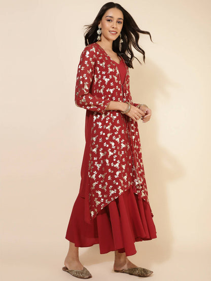 Janasya Women's Red Georgette Foil Printed Festive Flared Dress Set