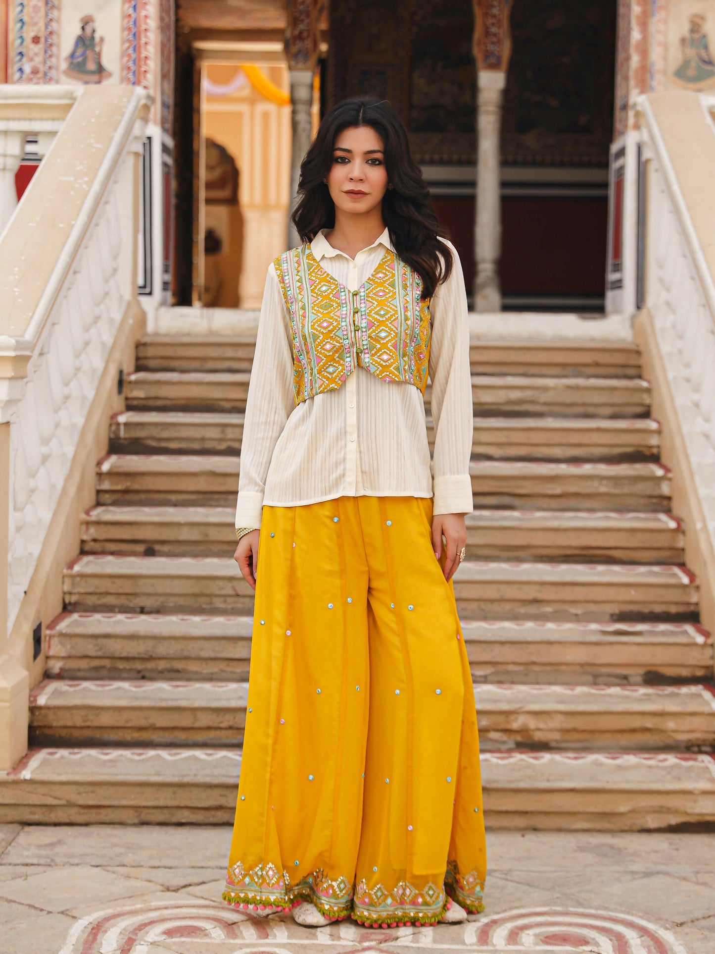 Juniper Women's Mustard Thread Embroidered Georgette Shirt Jacket & Palazzo Set With Mirror Work & Sequins